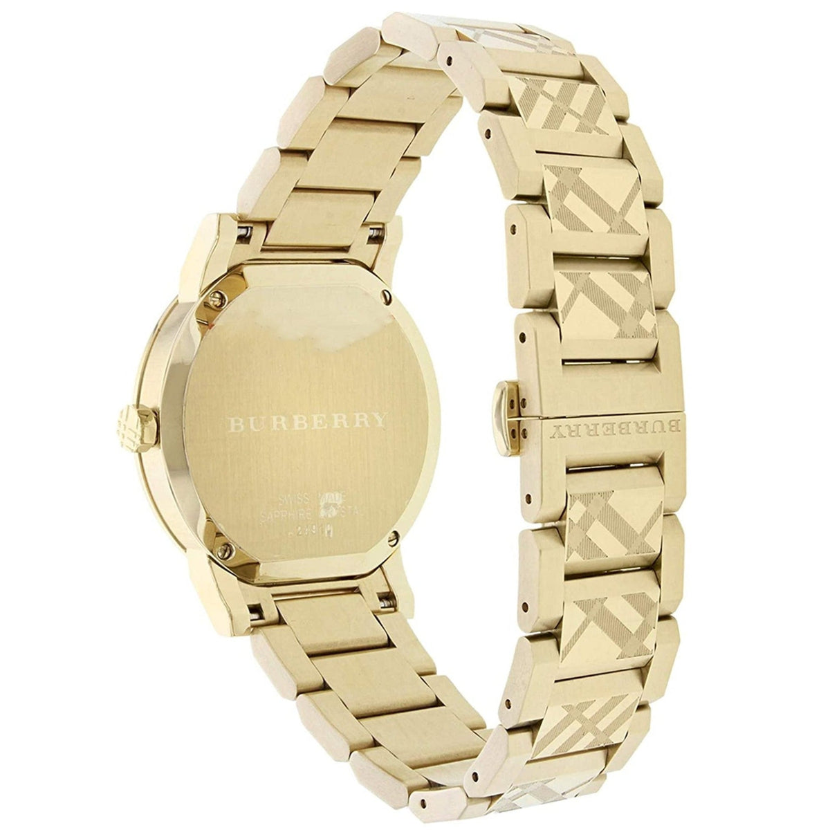 Burberry Ladies The City Engraved Checked Gold Watch BU9038