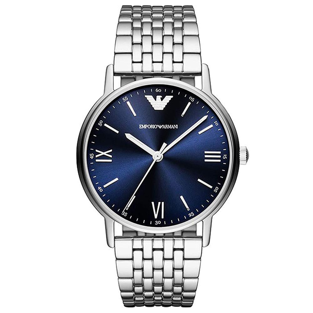 Mens / Gents Navy Blue & Silver Stainless Steel Emporio Armani Designer Watch AR80010