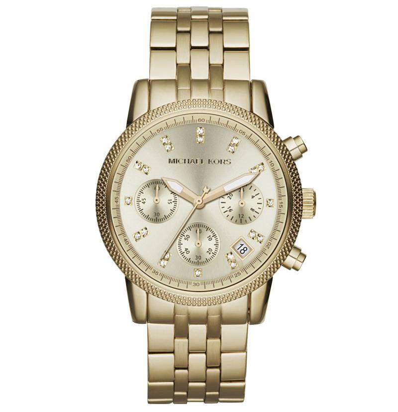 Ladies / Womens RITZ Gold-Tone Stainless Steel Chronograph Michael Kors Designer Watch MK5676