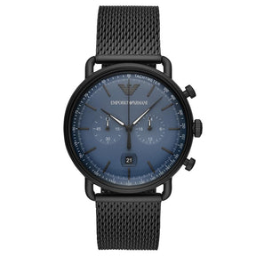Mens / Gents Aviator Blue Dial Black Mesh Emporio Armani Designer Watch AR11201