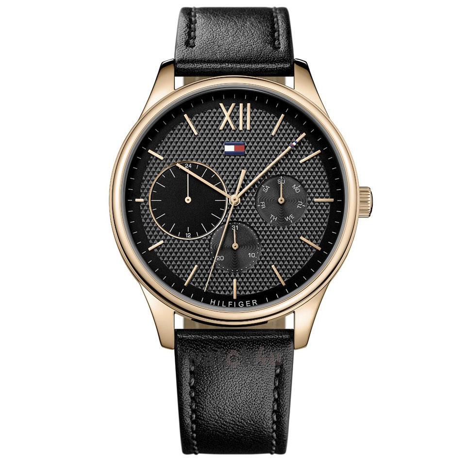 Mens / Gents Damon Black Leather Strap Tommy Hilfiger Designer Watch 1791419