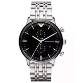 Mens / Gents Silver Black Dial Chronograph Emporio Armani Designer Watch AR0389