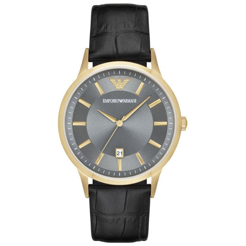 Mens / Gents Gold And Black Leather Strap Emporio Armani Designer Watch AR11049