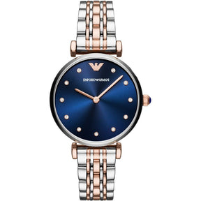 Ladies Rose Gold and Silver Blue Dial Emporio Armani Watch AR11092