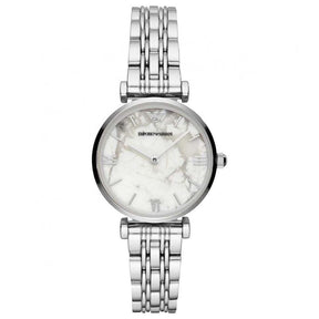 Ladies / Womens Silver White Marble Stainless Steel Emporio Armani Designer Watch AR11170