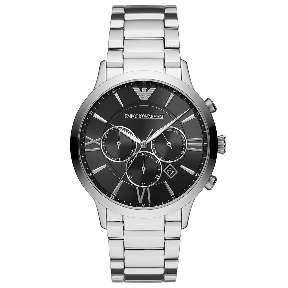 Mens / Gents Silver & Black Chronograph Stainless Steel Emporio Armani Designer Watch AR11208