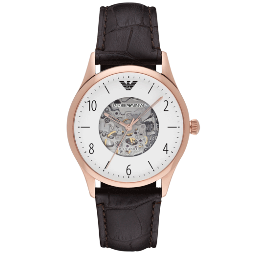 Mens / Gents Meccanico Rose Gold & Brown Leather Emporio Armani Designer Watch AR1920