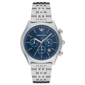 Mens / Gents Silver & Blue Stainless Steel Chronograph Emporio Armani Designer Watch AR1974