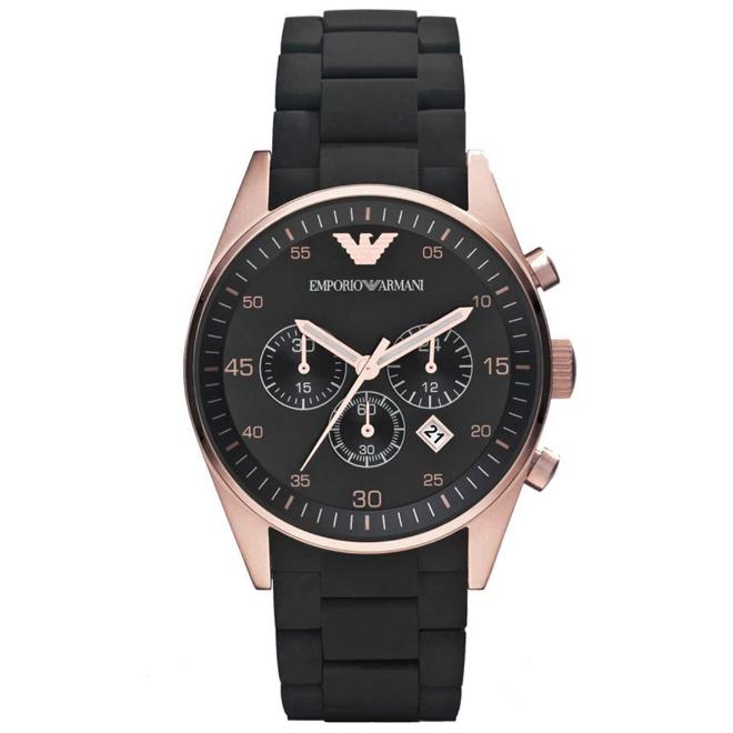Ladies Black and Rose Gold Silicone Chronograph Emporio Armani Watch AR5905