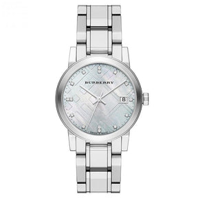 Ladies / Womens Silver Diamond-Accented Stainless Steel Burberry Designer Watch BU9125