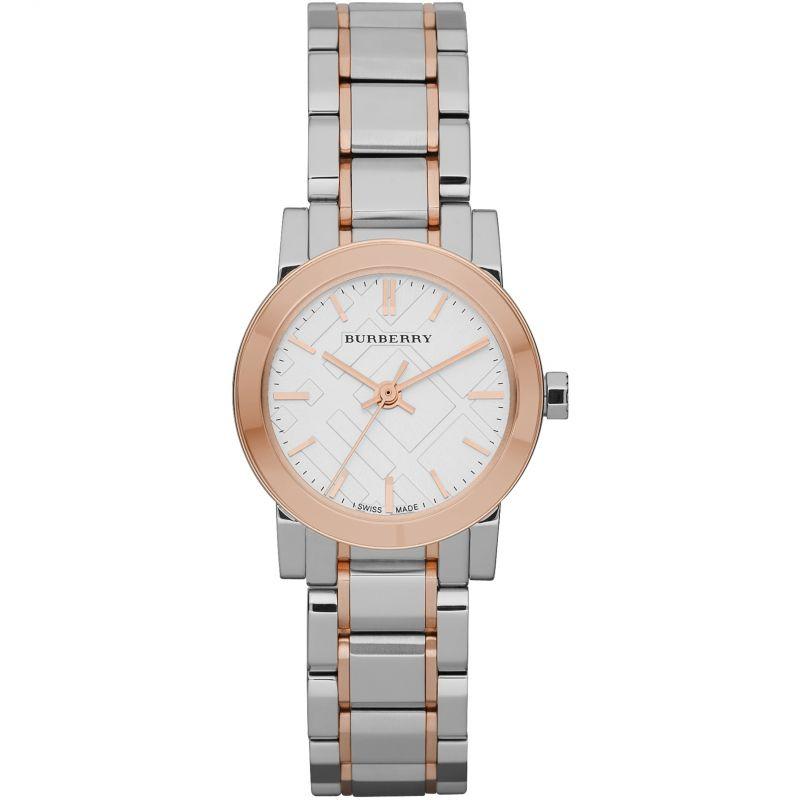 Ladies / Womens White Dial Rose Gold Ion-Plated Bezel Burberry Designer Watch BU9205