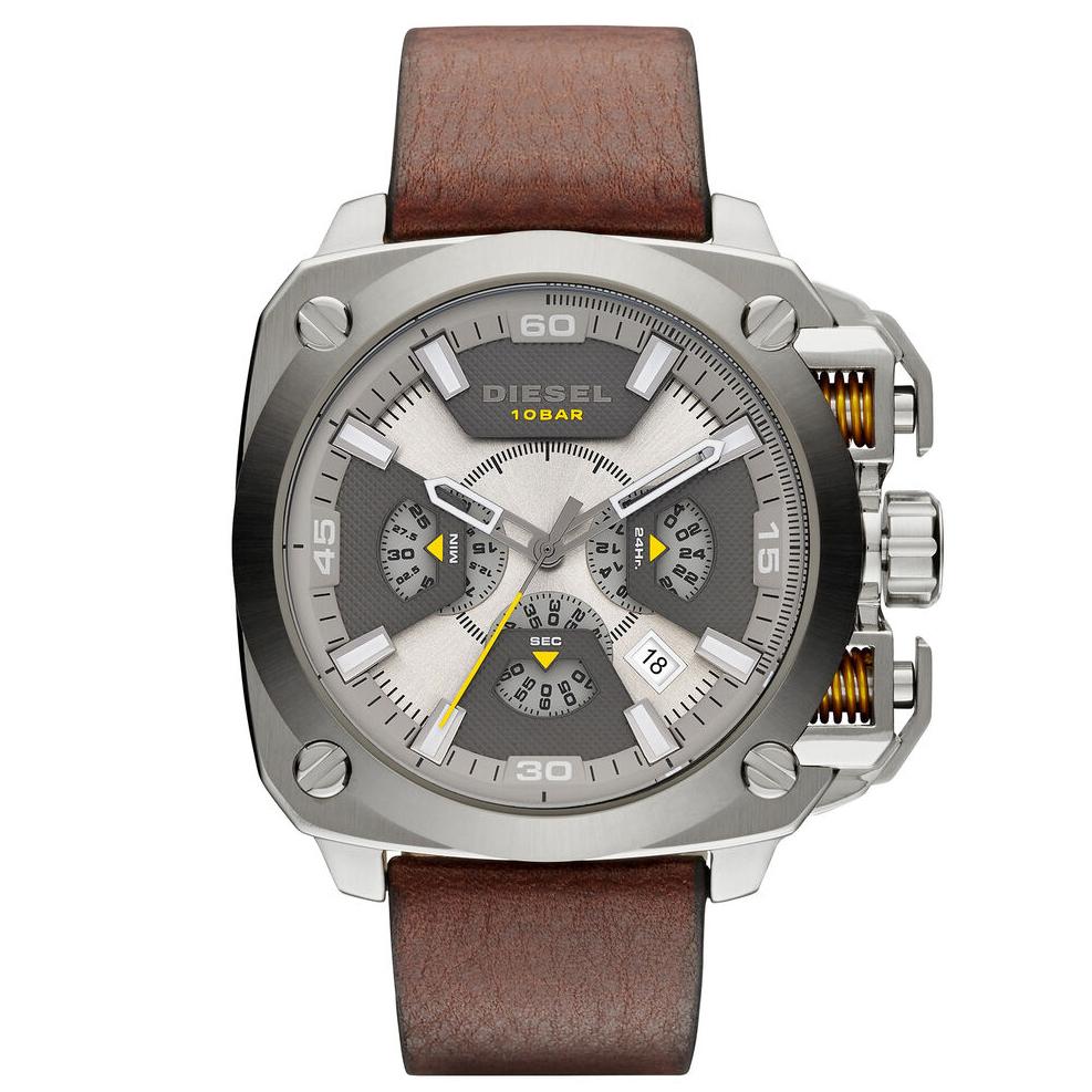 Mens / Gents Bamf Beige & Gray Leather Strap Chronograph Diesel Designer Watch DZ7343