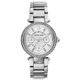 Ladies / Womens Mini Parker Silver Stainless Steel Chronograph Michael Kors Designer Watch MK5615