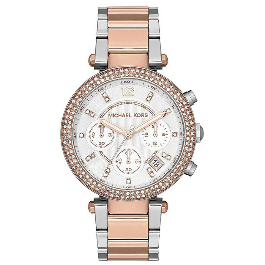 Ladies / Womens Parker Silver & Rose Gold Chronograph Micheal Kors Designer Watch MK5820