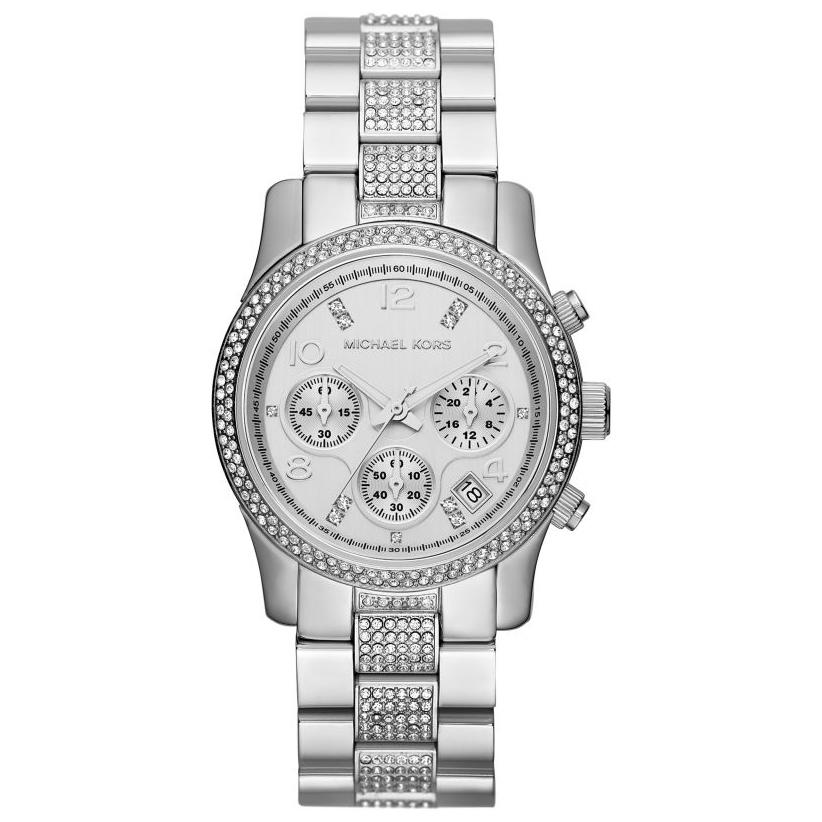 Ladies / Womens Runway Silver Glitz Stainless Steel Chronograph Michael Kors Designer Watch MK5825
