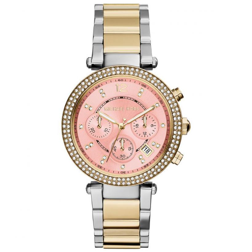 Ladies / Womens Silver Gold & Pink Dial Chronograph Metal Bracelet Michael Kors Designer Watch MK6140