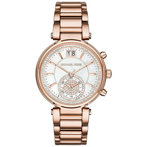 Ladies / Womens Sawyer Rose Gold Crystal Chronograph Michael Kors Designer Watch MK6282