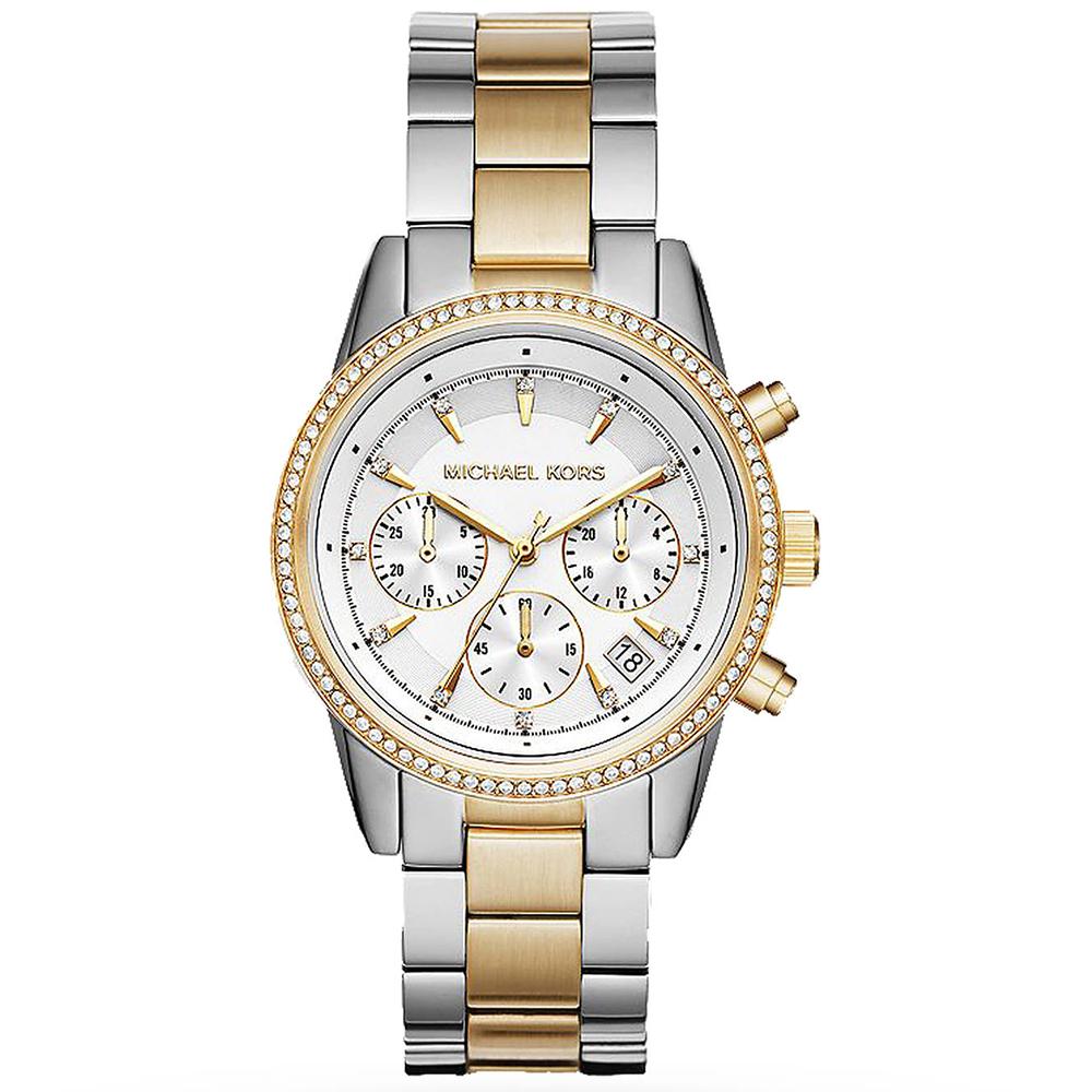 Ladies / Womens Ritz Silver & Gold Chronograph Stainless Steel Michael Kors Designer Watch MK6474