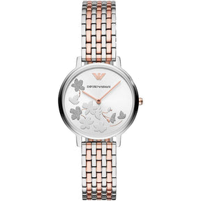 Ladies / Womens Silver Rose Gold Stainless Steel Bracelet Emporio Armani Designer Watch AR11113
