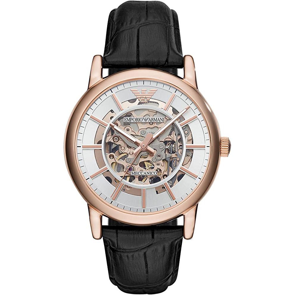 Mens / Gents Skeleton Black Leather Emporio Armani Designer Watch AR60007