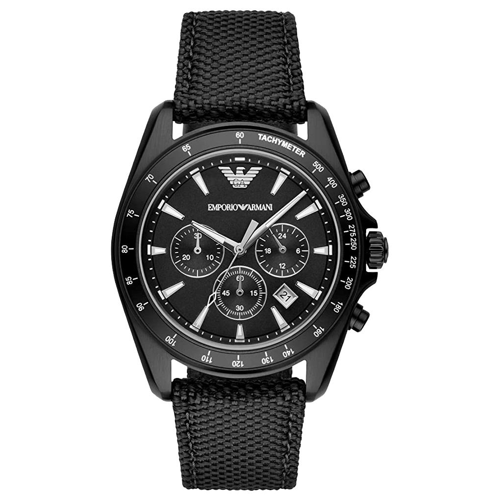 Mens / Gents Black Fabric Strap Chronograph Emporio Armani Designer Watch AR6131