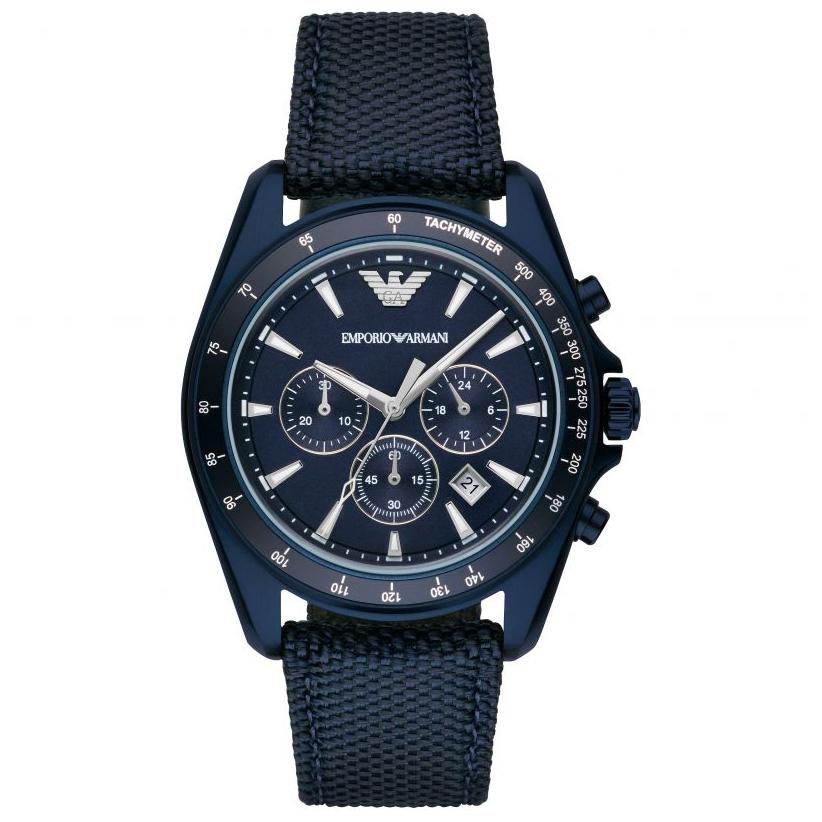 Mens / Gents Blue Fabric Chronograph Strap Emporio Armani Designer Watch AR6132